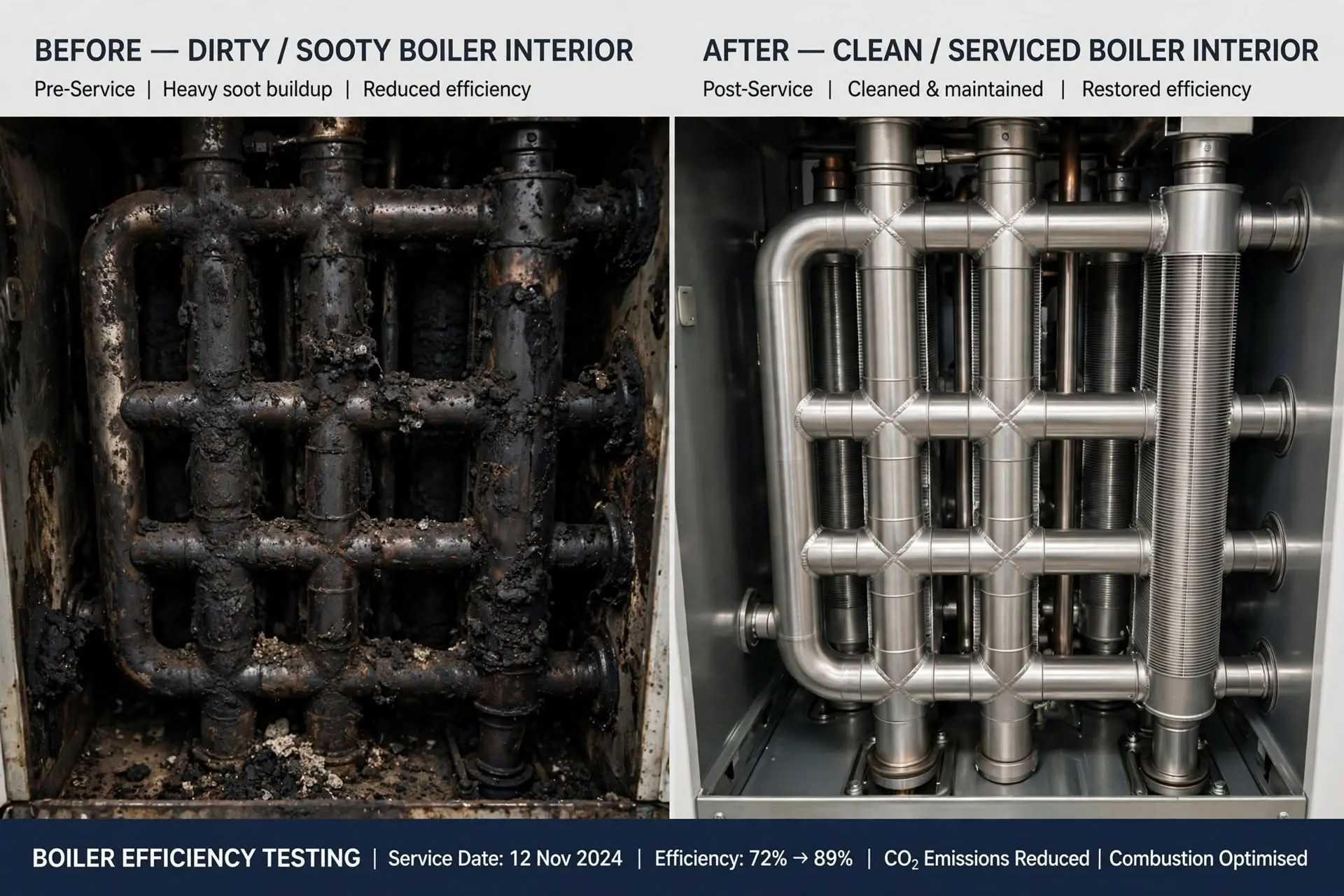 Comparison of a sooty oil boiler heat exchanger before cleaning and a clean serviced heat exchanger after servicing