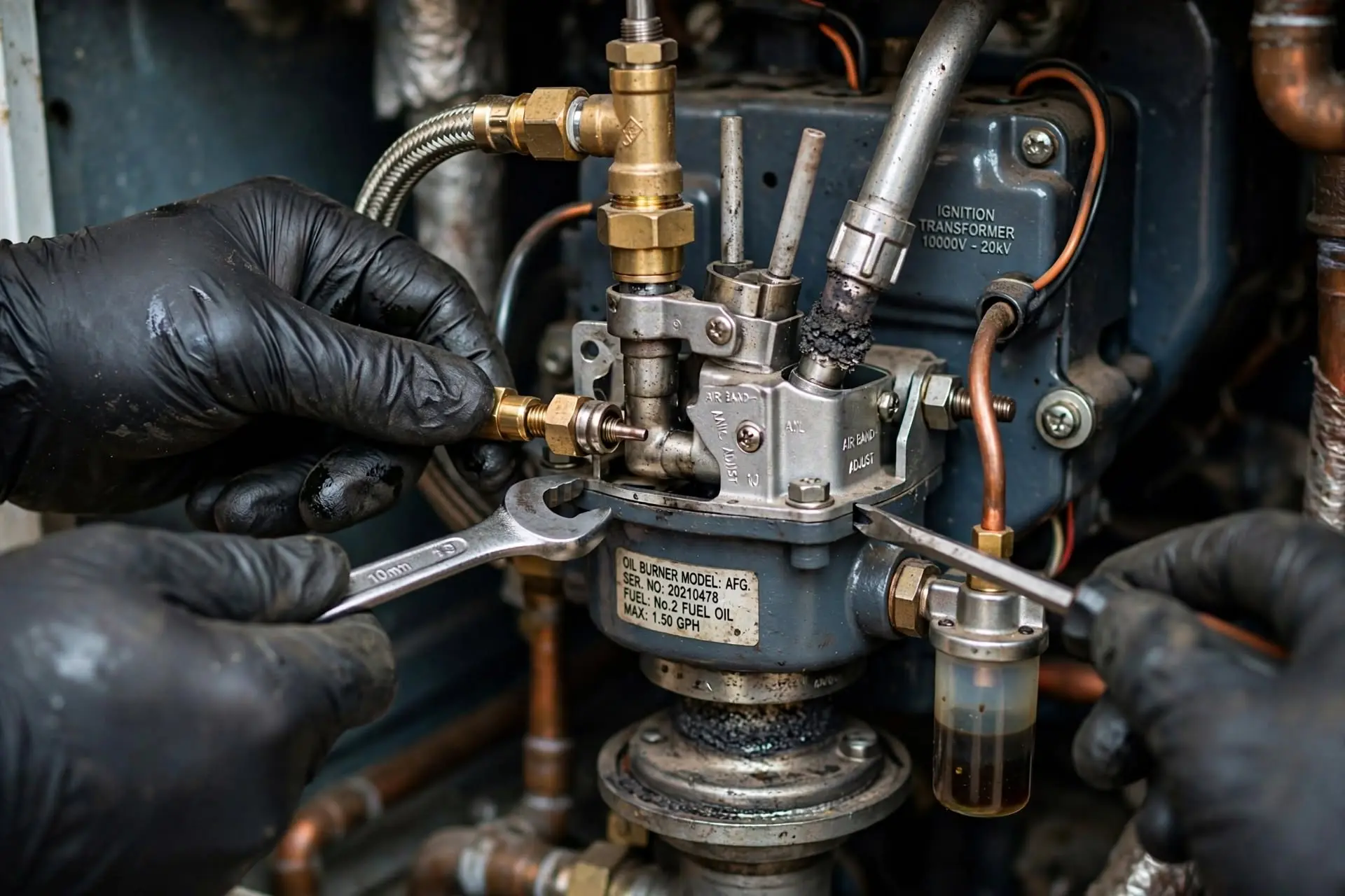 Close-up of an oil boiler burner unit being serviced by hand