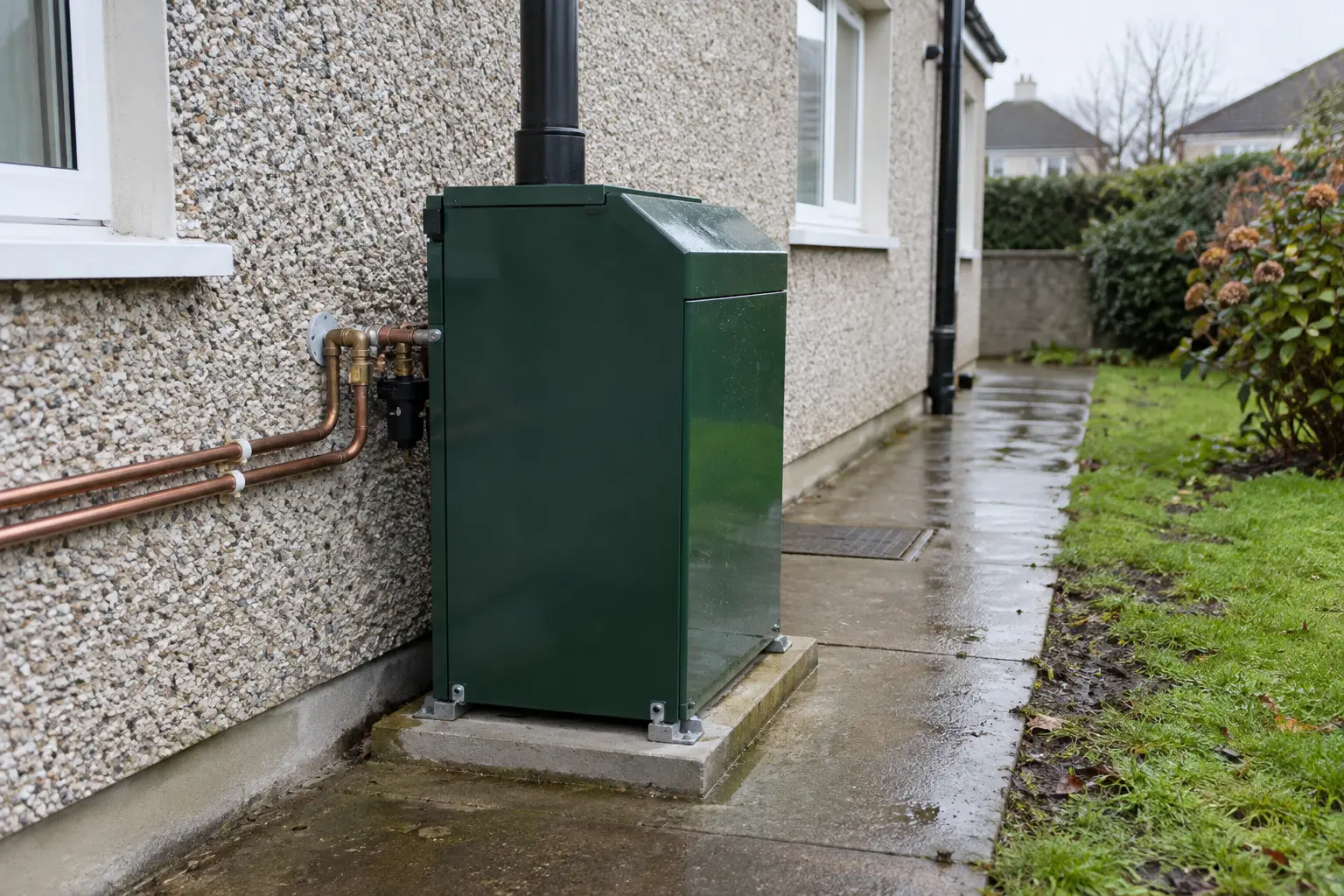 External oil boiler installed beside a Dublin home