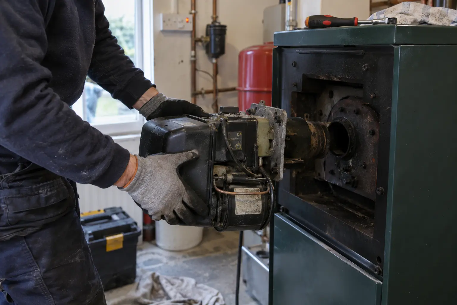 Heating engineer servicing a domestic oil boiler burner