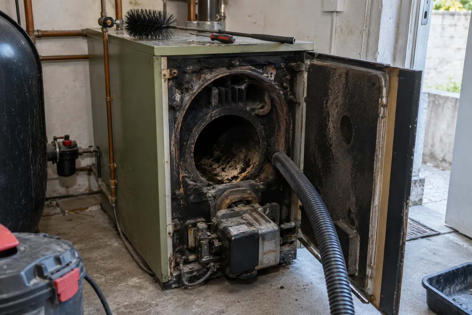 Open domestic oil boiler being cleaned with specialist equipment